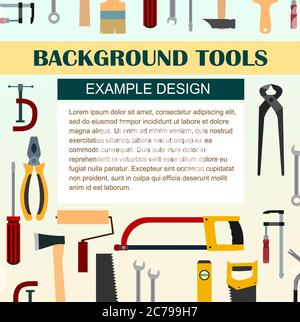 Building tools. Background for text. Construction, decoration, repair of houses, offices. Repair services. Tool kits. Sale, rent. Hand tools. Set. Stock Vector