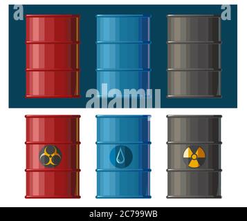 Barrels are metal. Vector. Barrels for water, radioactive materials, chemical and toxic substances, oil, gasoline. Cask. Barrel roll bbl. Collection r Stock Vector