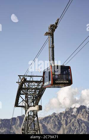 Aiguille du Midi Cable Car. Aerial tramway from Chamonix to the summit of Aiguille du Midi in the Mont Blanc Massif of the French Alps. Stock Photo