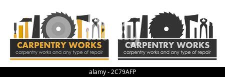 Carpentry works and any type of repair. Logo of handyman services. Carpenter. Hand tools of universal workshop. Home repair service. Woodworking carpe Stock Vector