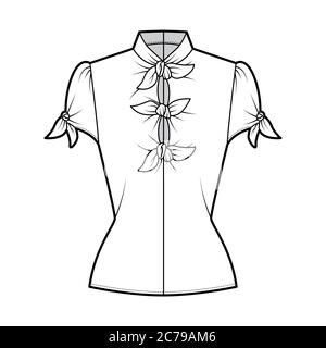 Knotted cutout blouse technical fashion illustration with high neckline, puffed volume sleeves, back zip fastening. Flat apparel template front, white color. Women men unisex garment CAD mockup Stock Vector