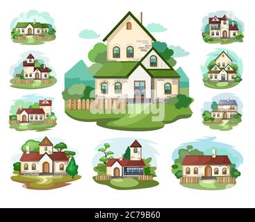 The house is fabulous, cartoon. Set. Village cottage. House in the forest. Holiday. Cottage, cottage. A cozy house. Two-storey house with an attic. Stock Vector