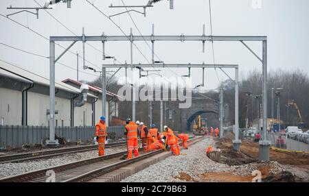 Railway permanent way team working on railway track in the UK. Stock Photo