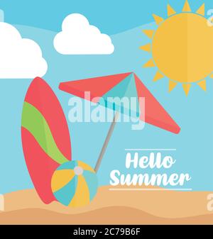 Hello Summer with colorful beach elements vector illustration design Stock Vector