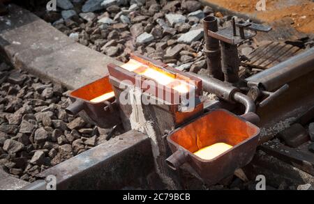 Thermit welding on rail track in the UK. Stock Photo