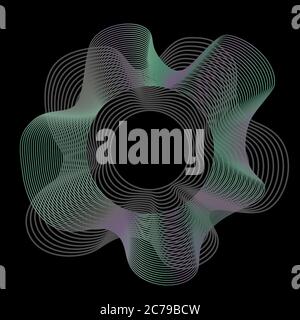 Abstract wavy vector frame, shape. Guilloche logo shape of circle and waves on black background Stock Vector