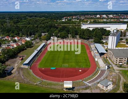 Brandenburg An Der Havel, Germany. 13th July, 2020. View of the stadium at Quenz (also known as Stahlstadion), home ground of BSV Stahl Brandenburg. (shot with a drone) Credit: Paul Zinken/dpa-Zentralbild/ZB/dpa/Alamy Live News Stock Photo
