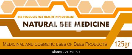 Label design concept for packaging medicines from beekeeping products. Box, jar or container with a bee medicine. Honey, propolis, bee venom, royal je Stock Vector