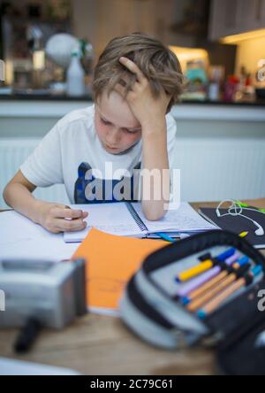 Focused boy home schooling at table Stock Photo