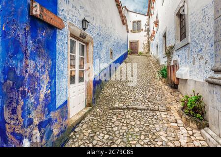 Colorful wooden door in the facade of a typical Portuguese house at Obidos, Portugal. Stock Photo