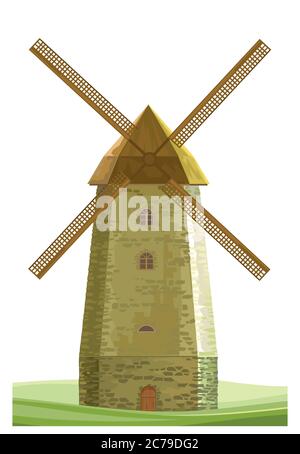 Windmill isolated vector on white background. Wind Mill Flour Farm. Old stone dutch typical traditional flour mill building with millstones. Farmer ru Stock Vector