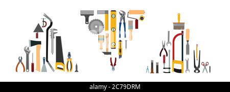 Tools background vector. Isolated on white. Instruments of a carpenter, joiner, locksmith, handyman. Flat style. Set. Located in a triangle. Rent, sal Stock Vector