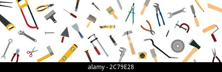 Tools background vector. Isolated on white. Instruments of a carpenter, joiner, locksmith, handyman. Flat style. Rent, sale. Stock Vector