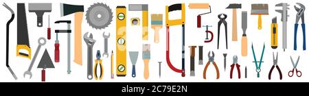 Tools background horizontal. Isolated vector objects. Instuments carpenter, home master, handyman. Repair of premises, buildings.Set Stock Vector