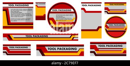 Design concept for packaging tools. Industrial technical product branding: tools, spare parts, accessories, consumables. Set of abstract label for pac Stock Vector