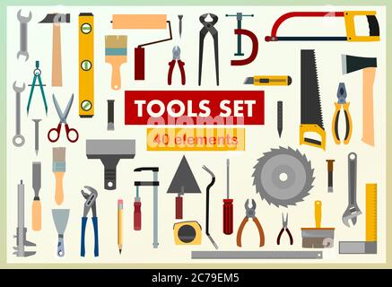 Tools. Set. The background is horizontal. Lower. Screwdrivers, hammers, wrenches, saws, pliers, rollers, brushes, files. Collection. Tools carpenter Stock Vector