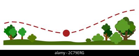 Travel trip. Vector. Symbolic image of a travel map in cartoon style. Nature, forest, trees. Adventure, voyage. Background picture. Isolated Stock Vector