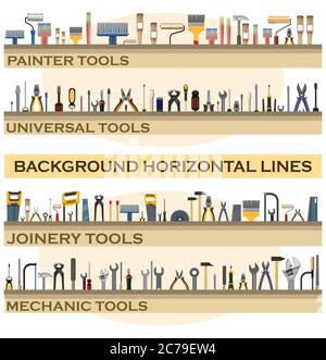 Tools. Set. The background is horizontal. Lower. Screwdrivers, hammers, wrenches, saws, pliers, rollers, brushes, files. Collection. Tools carpenter, Stock Vector