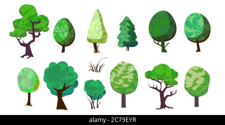 Set of trees. Vector. Summer trees in cartoons flat style. Isolated objects on a white background. Stock Vector