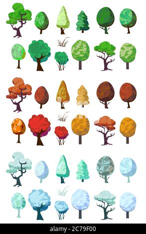 Set of trees. Vector. Winter, summer and autumn trees in cartoons flat style. Isolated objects on a white background. Stock Vector
