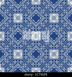 Seamless ceramic tile with patchwork blue. Vintage multicolor pattern in turkish style. Hand drawn background. Islam, Arabic, Indian, ottoman motifs Stock Vector
