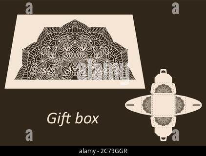 Openwork gift paper box with a handle.Greeting packaging with lace pattern. Presents packing, Pattern suitable for laser cutting, plotter cutting. Stock Vector