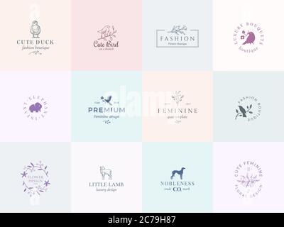 Twelve Abstract Feminine Vector Signs or Logo Templates Set. Retro Floral Illustration with Classy Typography, Birds, Lamb, Duck, Hound and Elephant Stock Vector