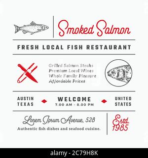 Fish Restaurant Signs, Titles, Inscriptions and Menu Decoration Elements Set. Premium Quality Retro Typography Layout with Hand Drawn Food Icons and Stock Vector