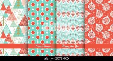 Set of Christmas seamless patterns for greeting cards, wrapping paper. Hand drawn winter backgrounds. Vector illustration Stock Vector