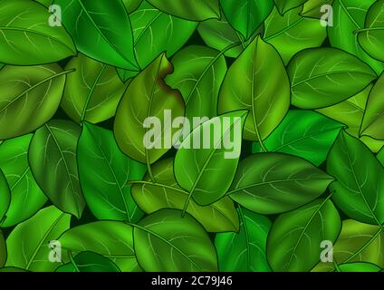 Seamless background with colorful realistic summer green leaves. Perfect for wallpaper, gift paper, pattern fills, web page background, spring summer Stock Vector