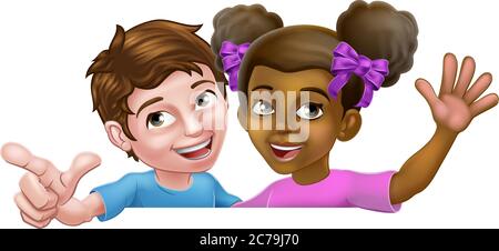 Girl and Boy Cartoon Children Kids Sign Stock Vector