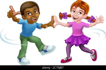 Cute cartoon boy and girl with hands up vector illustration. Boy and girl  greeting design. Kids summer dress. Children vector outlines Stock Vector  Image & Art - Alamy