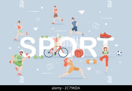 Sport word banner template. Young people in sports clothes doing sport activities vector flat illustration. Men and women ride a bike, running, doing workout, yoga, pilates, and stretching. Stock Vector