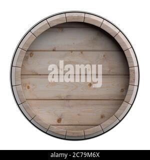 Wine, beer, alcohol template. Old wooden barrel isolated on white background, top view. Whiskey, bourbon cellar concept. 3d illustration Stock Photo