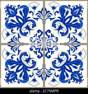 Majolica pottery tile, blue and white azulejo, original traditional Portuguese and Spain decor. Seamless Damask pattern. Hand drawn pattern.Vector Stock Vector