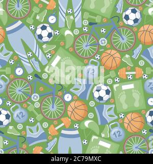 Sport seamless pattern. Sport clothes, bike, dumbbell, and scales vector flat illustration. Fitness, pilates, active recreation, healthy lifestyle background design Stock Vector