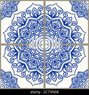 Majolica pottery tile, blue and white azulejo, original traditional Portuguese and Spain decor. Seamless Damask pattern. Hand drawn pattern.Vector Stock Vector