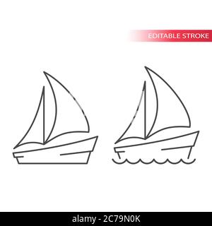 Boat or yacht thin line vector icon. Sail boat with sea waves simple outline symbol, editable stroke. Stock Vector