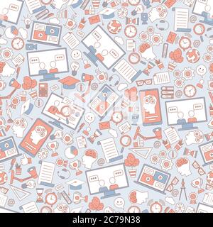 Education seamless pattern. Learning and studying items cartoon outline background. Computer, laptop, and smartphone screens with online courses, distance classrooms, and workshops. Stock Vector