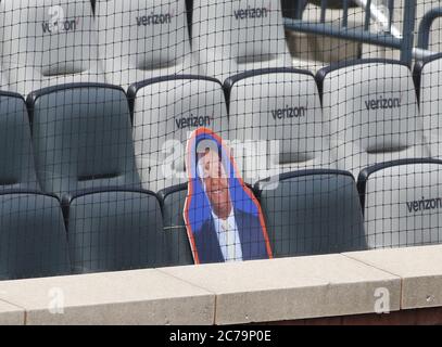 Queens, United States. 15th July, 2020. A cardboard cutout of former New York Mets pitcher Pedro Martinez sits in a seat behind home plate during a spring training workout at an empty Citi Field on Wednesday, July 15, 2020 in New York City. The Mets announced last week that they will allow cardboard cutouts of fans all around the stadium at Citi Field. Photo by John Angelillo/UPI Credit: UPI/Alamy Live News Stock Photo