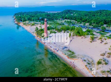 Aerial View of Little Sable Point Lighthouse, located on Lake Michigan at Silver Lake State Park near Mears, Michigan Stock Photo