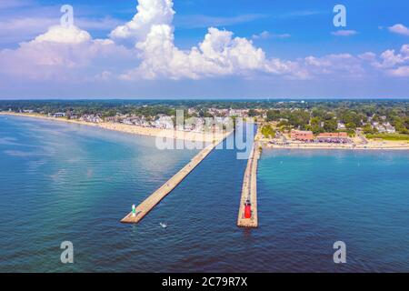 Aerial view of the South Haven Lighthouse on Lake Michigan; South Haven, Michigan Stock Photo