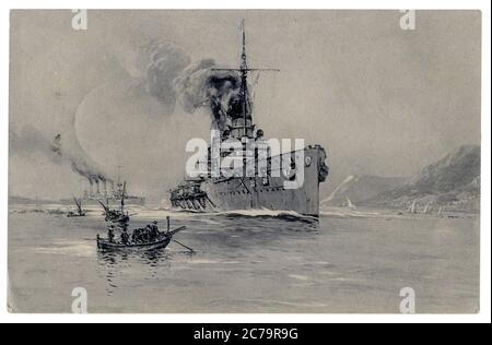 German historical postcard: Moltke-class battlecruiser SMS Goeben (1911) and Magdeburg-class cruiser SMS Breslau (1911), world war one 1914-1918. Stock Photo