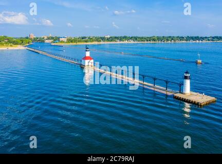 Aerial view of the St. Joseph North Pier Outer and Inner Lights on Lake Michigan; St. Joseph, Michigan; St. Joseph River Stock Photo
