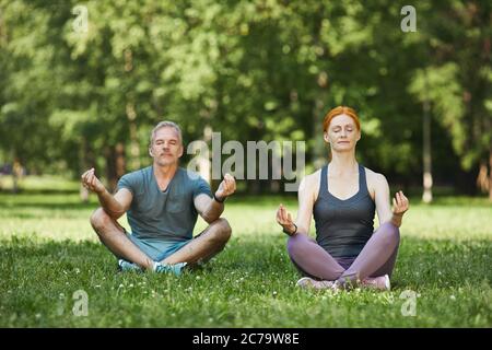 Peaceful mature couple concentrated on mind during meditation sitting with crossed legs in beautiful park Stock Photo