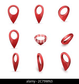 Glossy red realistic modern map pointers vector set in various angles Stock Vector