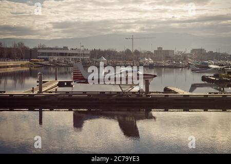 Kelowna, BC, Canada - November 16, 2018: Seaplane in the harbour at Kelowna marina on Okanagan Lake Stock Photo