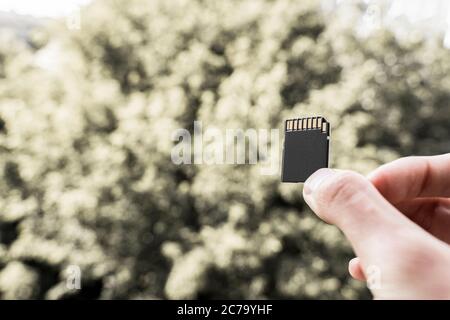 hand holds black SD memory card outdoors. The concept of data storage and memory Stock Photo