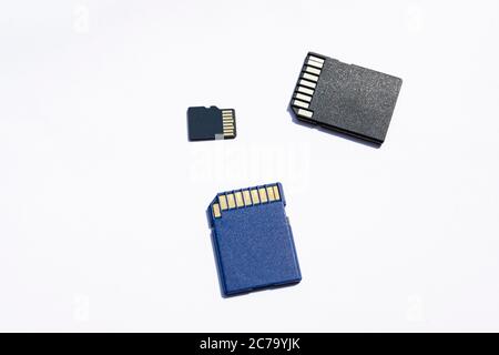 different Memory sd flash cards for the media data on the white background, selective focus Stock Photo