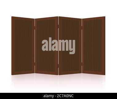 Folding screen, dark wooden room divider, partition - foldable, vintage, rustic, retro four-part interior furniture - illustration on white. Stock Photo